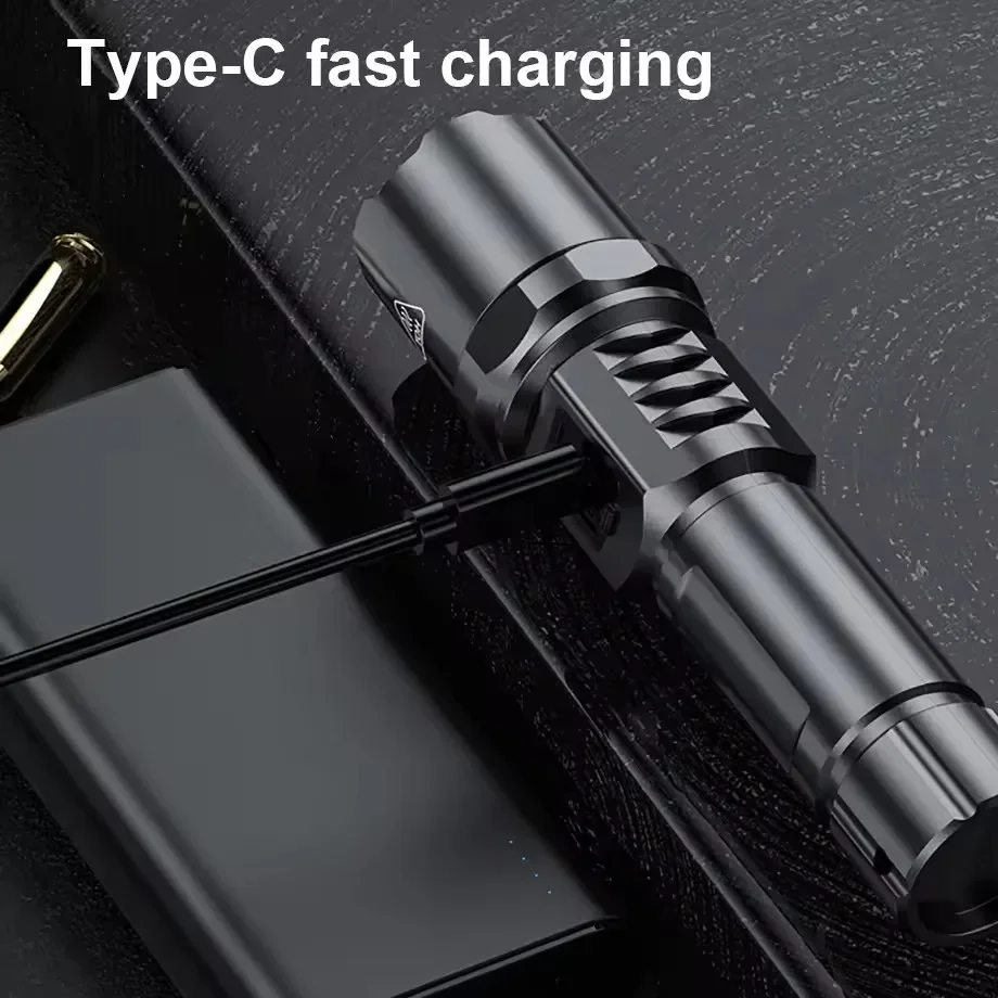 Potente linterna LED de ST-35, pantalla de batería, lámpara recargable por USB, linterna con Zoom telescópico, luz Flash para acampar al aire libre
