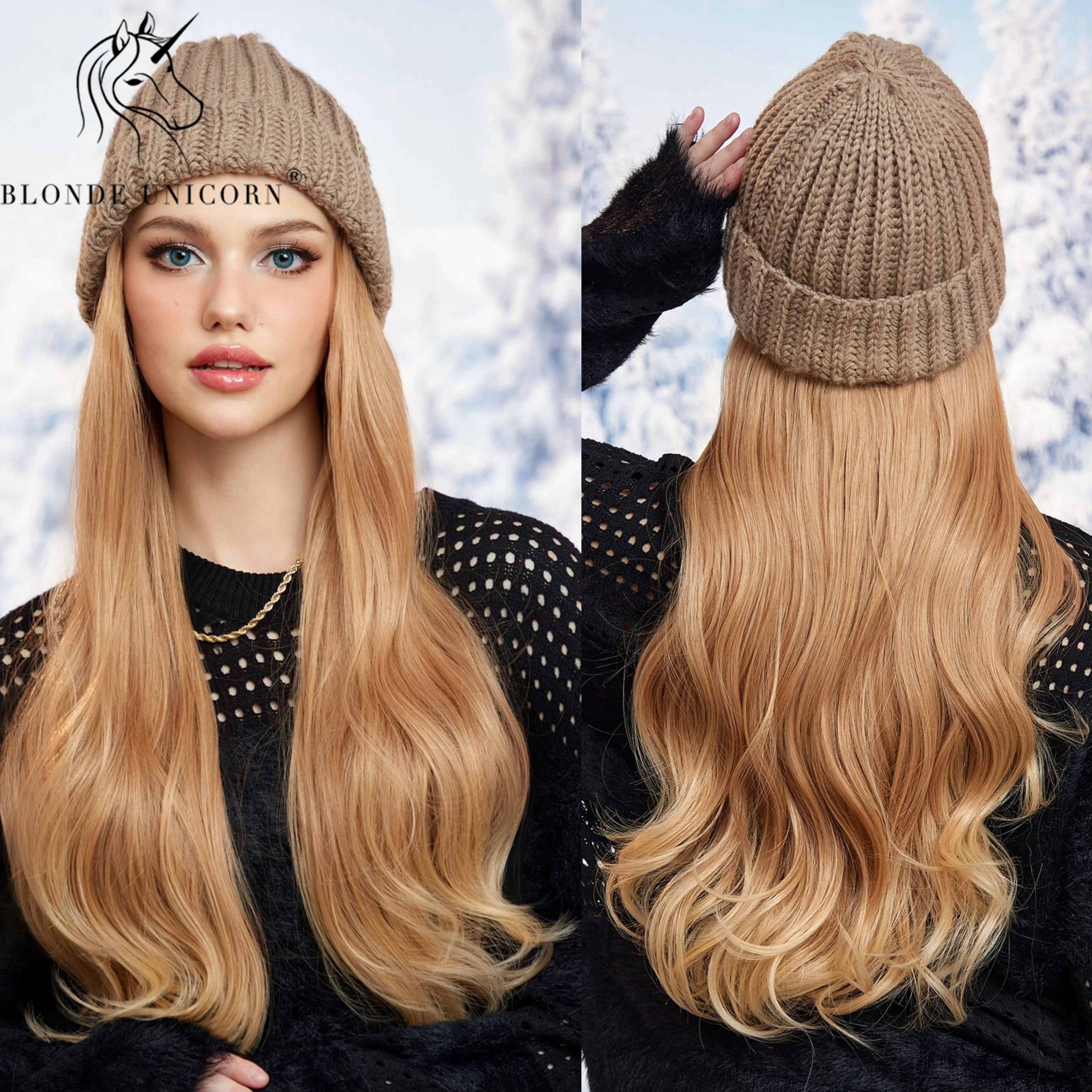 Pelucas de sombrero de unicornio rubio, gorro con pelo, peluca de sombrero, peluca ondulada rubia, pelo sintético Separable, fiesta diaria para mujeres, alta temperatura