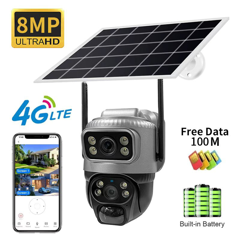 Cámara Solar 4G, 8MP, 4K, doble lente, tarjeta Sim PIR, visión nocturna integrada, vídeo de seguridad impermeable, cámara IP, batería, Monitor CCTV