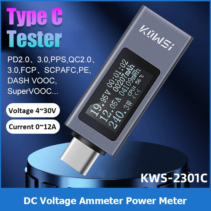 KWS-2301C ประเภท C DC 4-30V 0-12A มิเตอร์โวลต์มิเตอร์แบบดิจิตอล Amperimetro Current แรงดันไฟฟ้า Power Bank Charger ตัวบ่งชี้