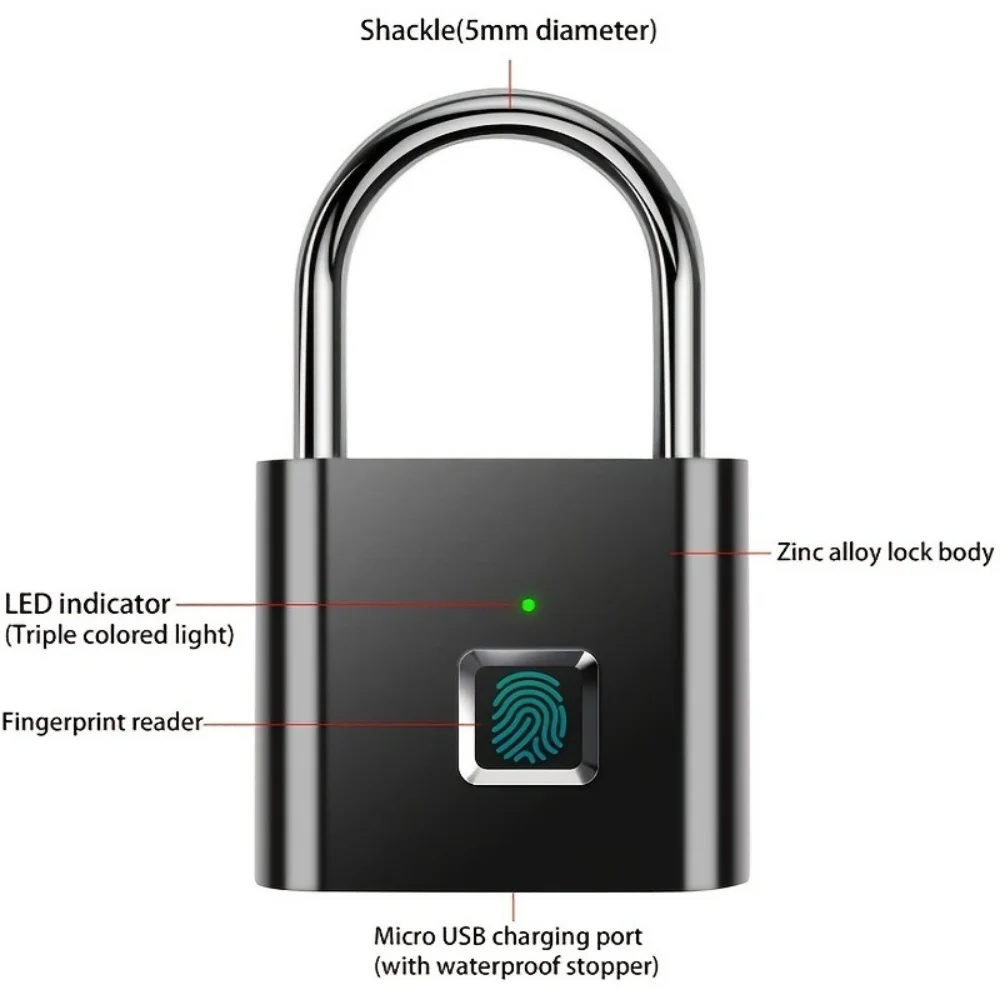 Keyless Smart USB Opladen Vingerafdrukslot Slim hangslot Waterdicht deurslot 0,3 sec Ontgrendel draagbaar antidiefstalhangslot Zink