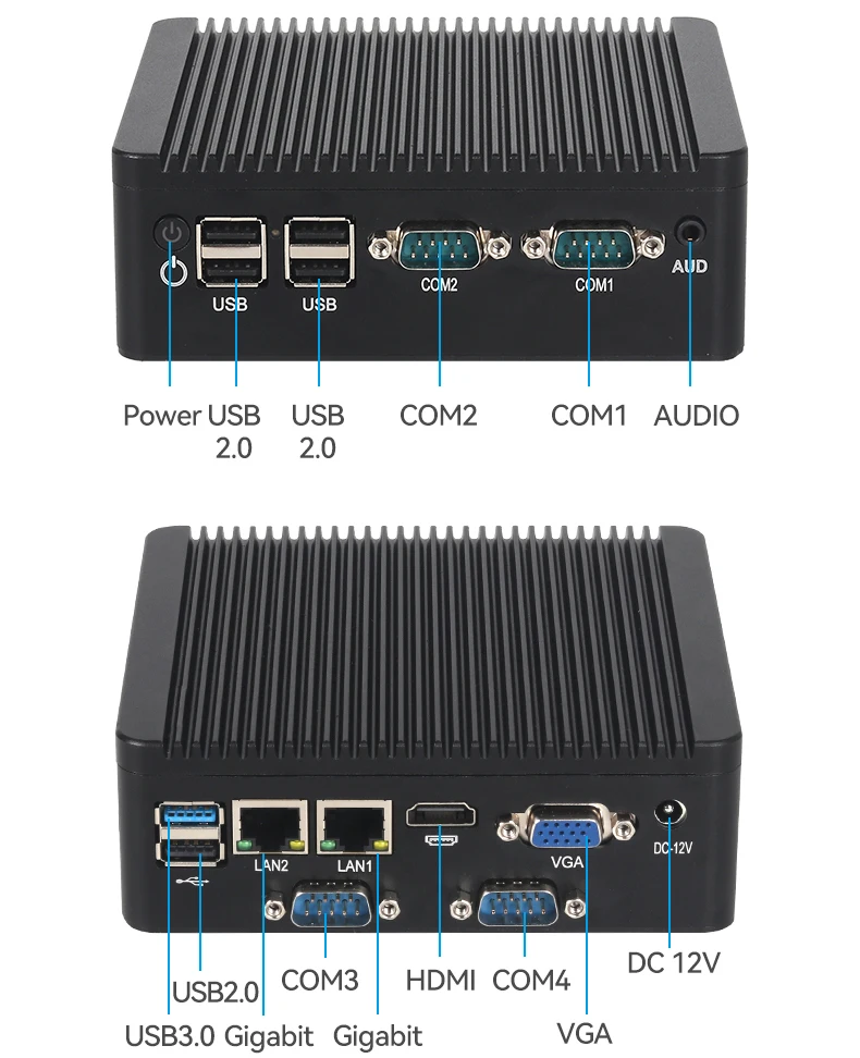 Lüfterloser Industrie-Mini-PC mit Inter N2840/J2900, unterstützt Windows10 LINUX mit 6xUSB 4xRS232/485 COM 2xLAN HDMI VGA-Computer