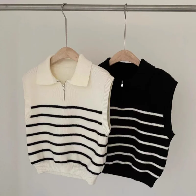 Retro Revers Rits Gestreept Gebreid Vest Vrouwen Herfst Winter Koreaanse Mode Mouwloze Truien Casual Eenvoudig Pullover Vest
