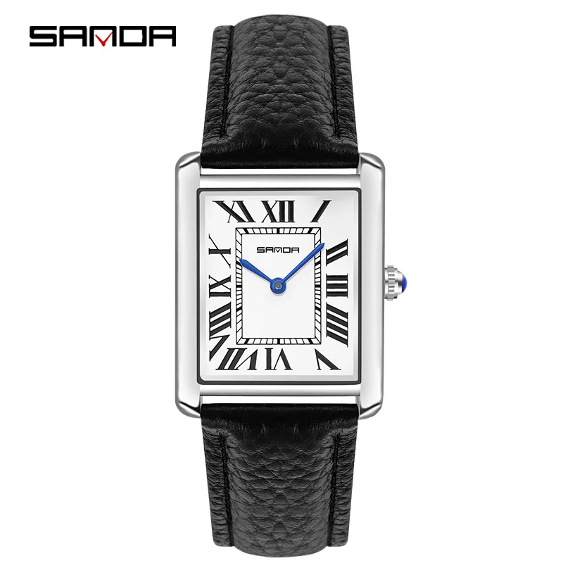 SANDA 1108 9031 Casal Relógio de Quartzo Simples Moda Pequeno Quadrado Prateado Relógio de Pulso com Pulseira de Couro Preto para Homens e Mulheres
