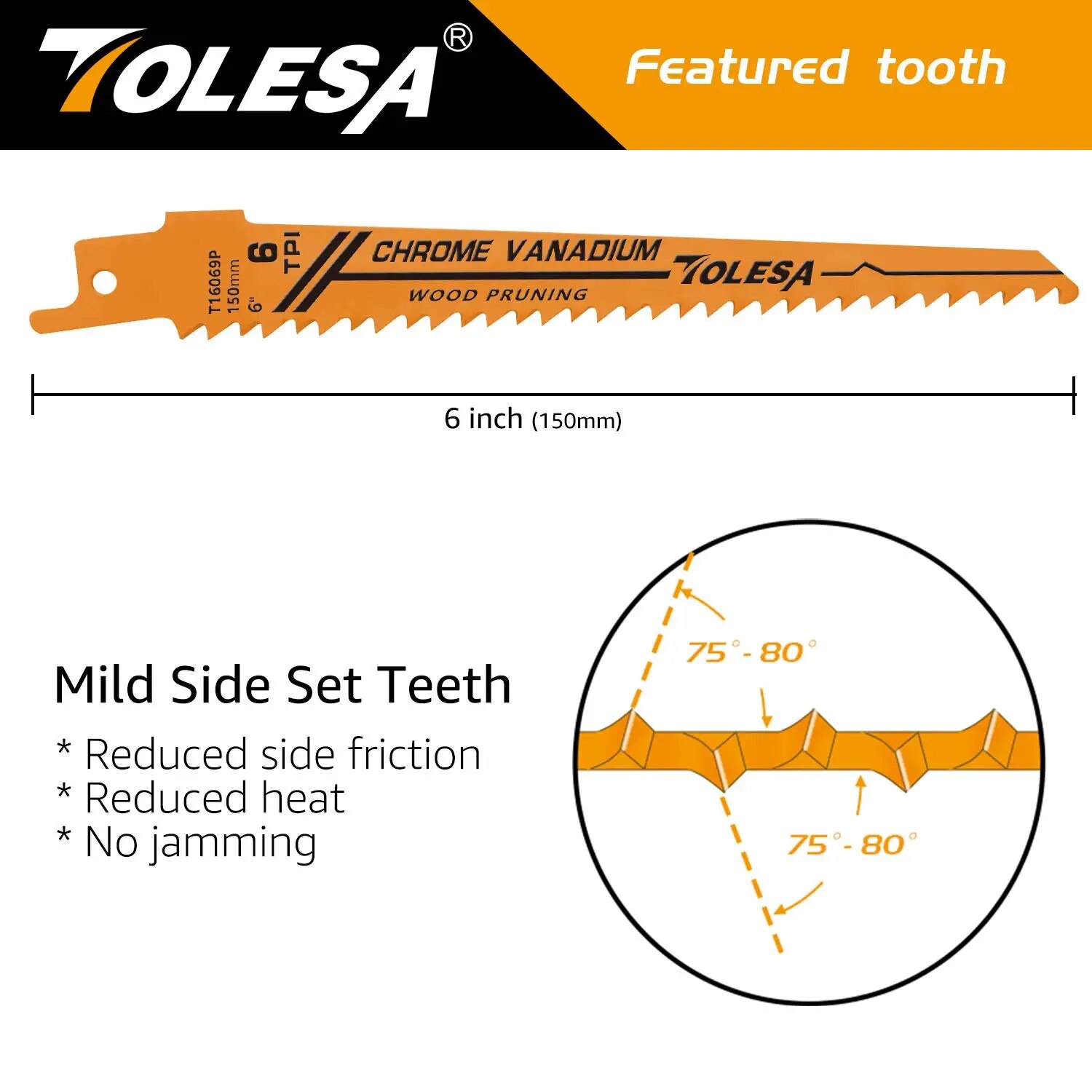 TOLESA 5 Stück 6TPI 6 Zoll Holzbeschneid-Säbelsägeblätter zum Schneiden von Holz und PVC-Rohren CRV Sharp Ground Teeth Sabre