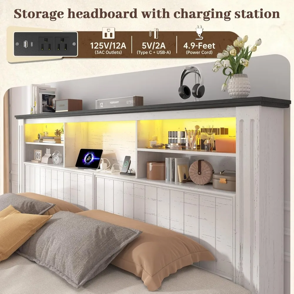 EnHomee King Size Bed Frame and Headboard, King Bed Frame with 4 Drawers USB & LED, Farmhouse Bed Built in Charging Station,No B