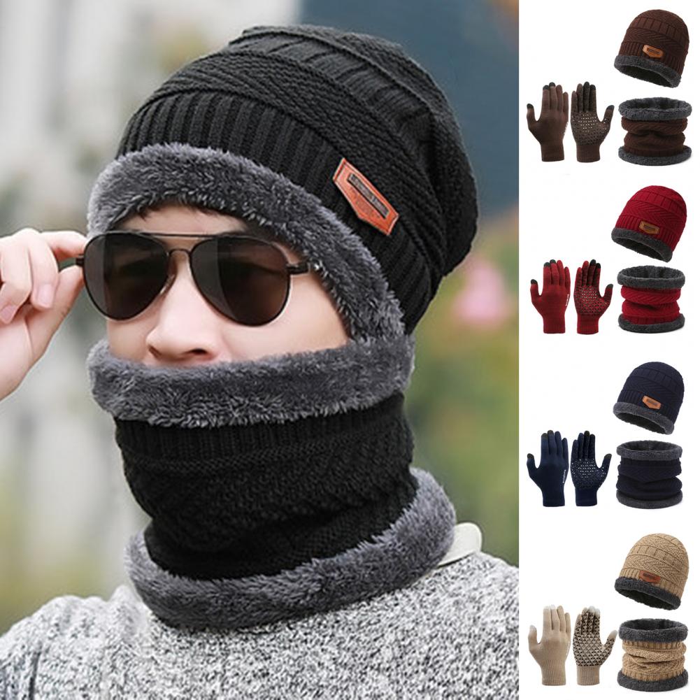 Gorro a prueba de viento, bufanda, conjunto de guantes, acogedor conjunto de accesorios de invierno, gorro tejido, bufanda, guantes para hombres, suave, cálido, a prueba de viento, ciclismo al aire libre