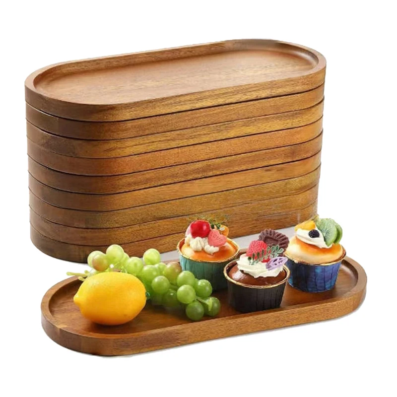 Bandejas de madera ovaladas para servir comida, platos de cena, plato de postre redondo de madera maciza, 1 ud.
