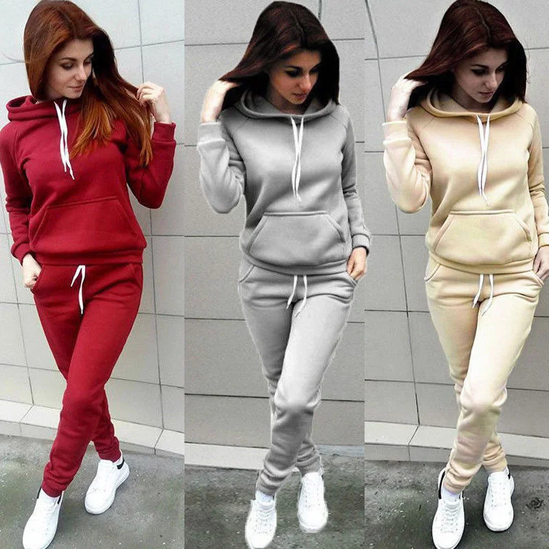Chándal para mujer, sudaderas con capucha informales, conjunto de pantalón y sudadera, ropa de salón de Color sólido, traje deportivo, conjunto de ropa de otoño e invierno de 2 uds 2024