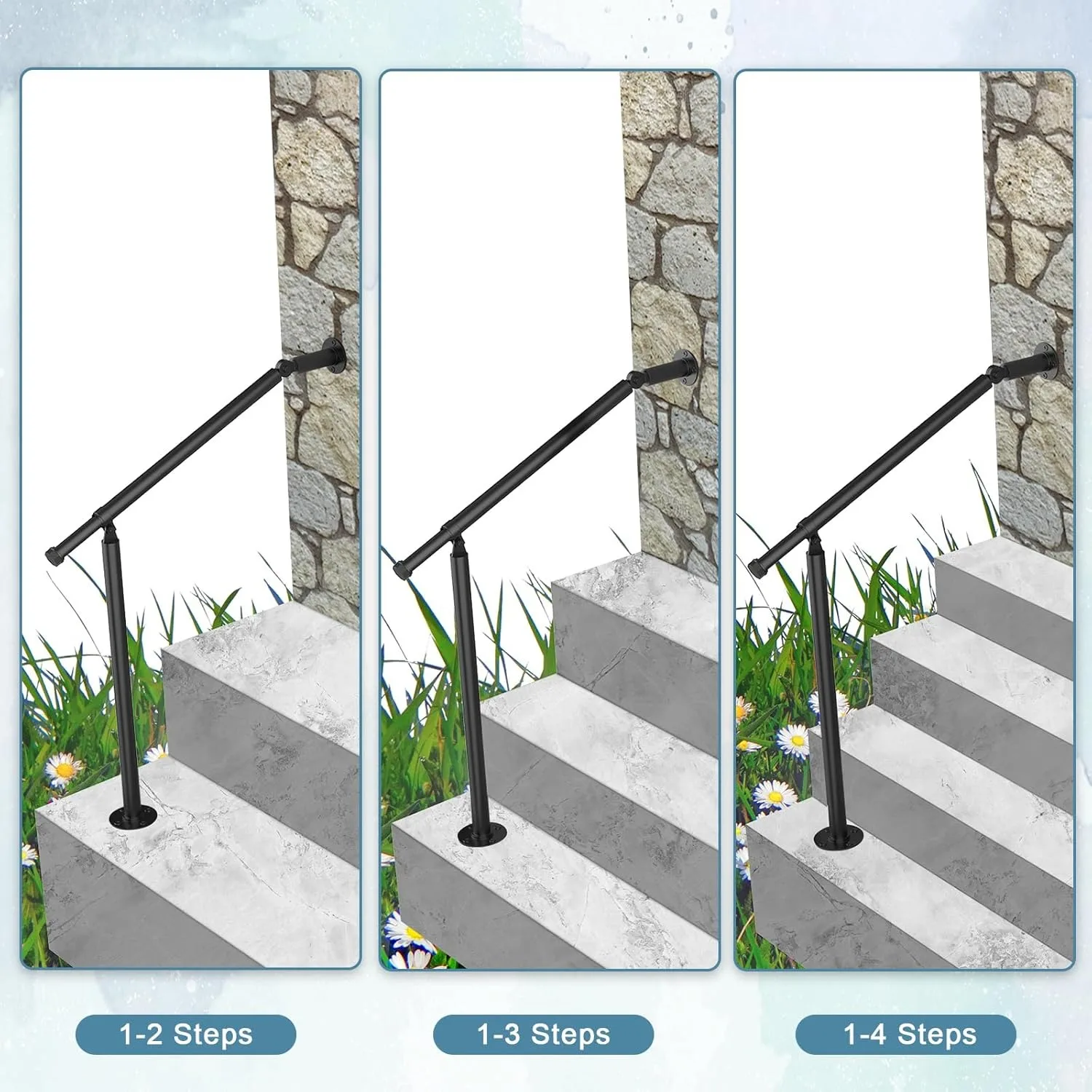 Hand Rails for Outdoor Steps,Metal Deck Railing Kit Fits 1 to 3 Steps,Railings for Outdoor Steps for Concrete,Porch Railing