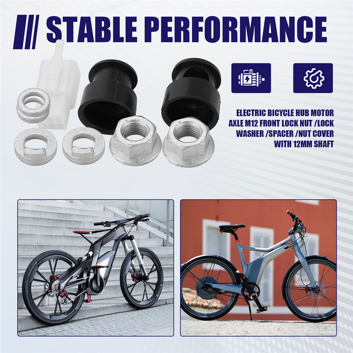 Newest E-Bike Electric Bicycle Hub Motor Axle M12 Front Lock Nut /Lock Washer /Spacer /Nut Cover with 12mm Shaft
