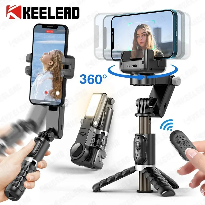 KEELEAD 360-Grad-Gimbal, Selfie-Stick-Stativ mit ferngesteuertem Fülllicht, folgende Aufnahme, Stabilisator für Smartphone Live/Vlog