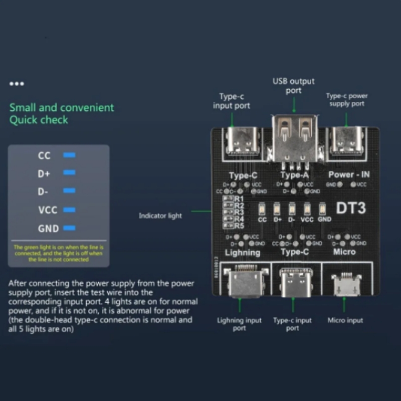 บอร์ดตรวจจับการเปิดปิดสายเคเบิลข้อมูล USB สำหรับพอร์ต Micro-C DT3ทดสอบสาย USB ตรวจจับได้อย่างรวดเร็วน้ำหนักเบาทนทาน