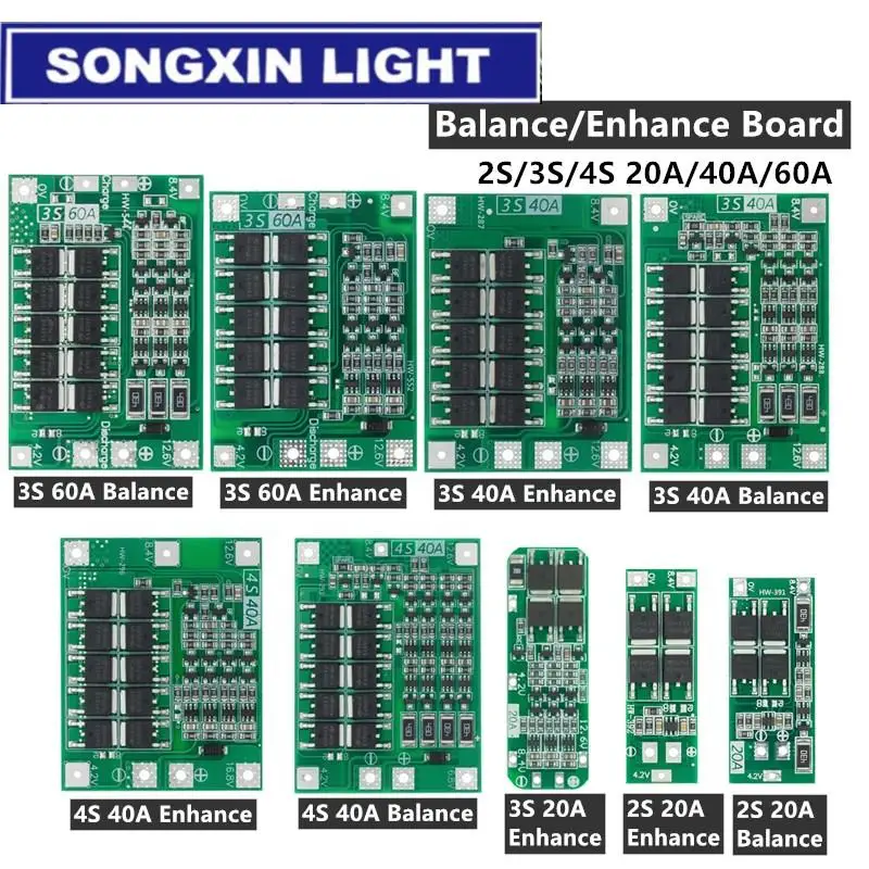 2S 3S 4S 20A 40A 60A Li-Ion LITHIUM แบตเตอรี่แผงป้องกันเครื่องชาร์จ 18650 BMS เจาะมอเตอร์ 11.1V 12 V/14V 16.8V เพิ่ม/Balance