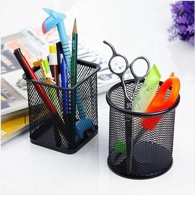 Suporte de caneta de ferro oco balde de armazenamento de mesa estudante papelaria multi-funcional escritório cor preta redondo quadrado caneta titular