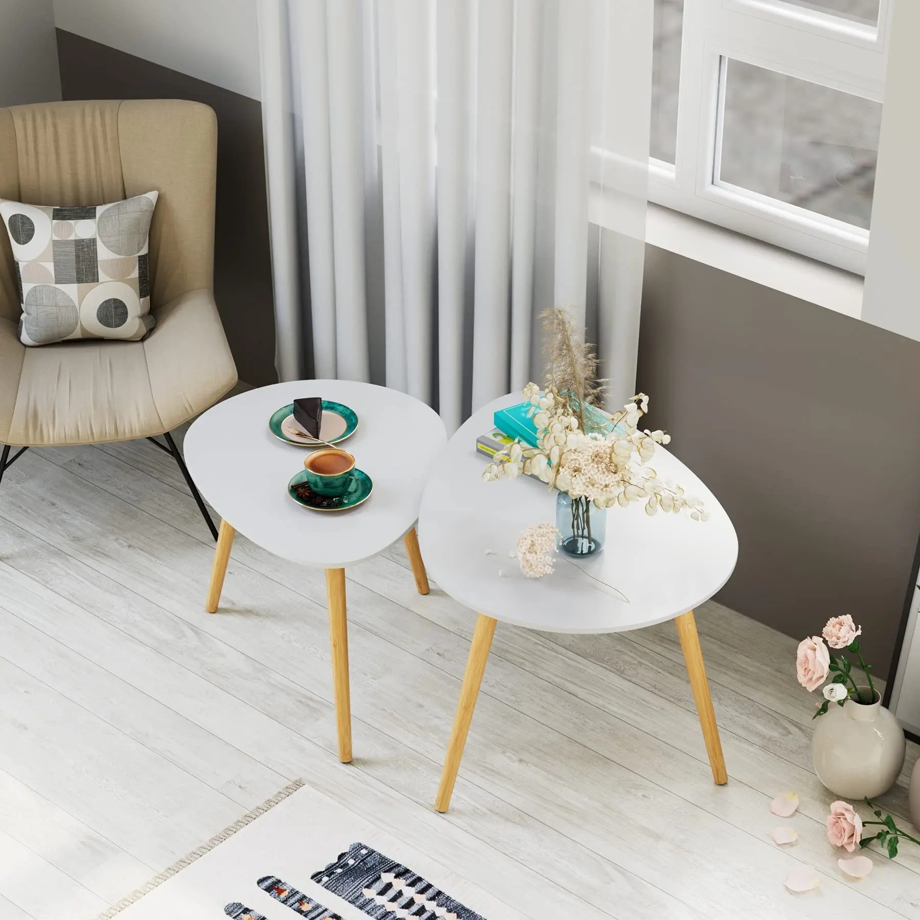 Getone Petite Table Basse, Lot de 2 Tables d'appoint, Table de Canapé Blanche, Tables Gigognes pour Salon, Chambre à Coucher, Bureau, Scandinave