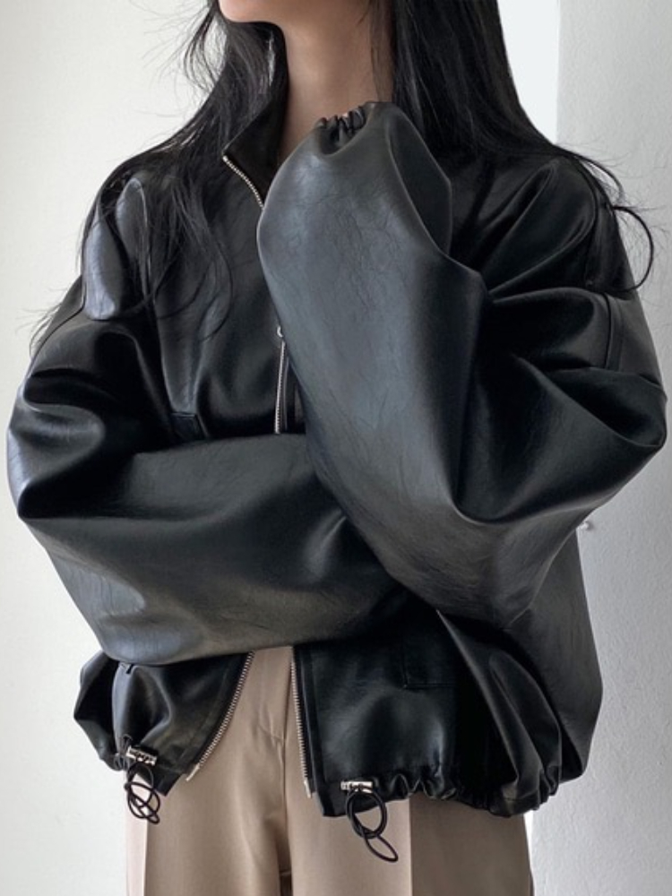 Veste en cuir noir punk pour femme, fermeture éclair Oupilladt, veste courte décontractée, manteau en cuir, streetwear moto motard, hiver