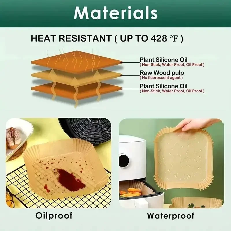50/100 Uds. Papeles cuadrados para freidora de aire, papel desechable antiadherente, freidora de aire grande, alimentos desechables, cocina casera, absorbente de aceite