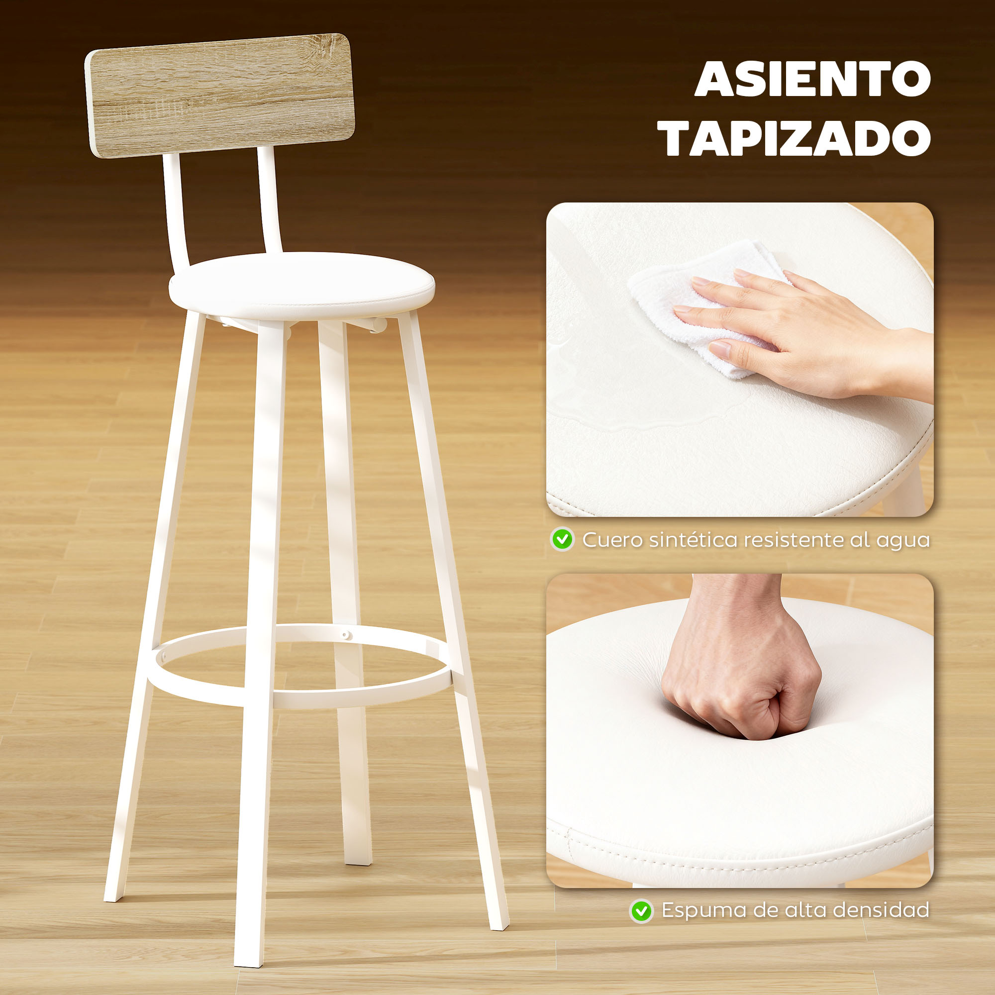 HOMCOM Juego de 2 Taburetes Altos de Cocina con Respaldo y Reposapiés Tapizados de PU Asiento de 75,5 cm