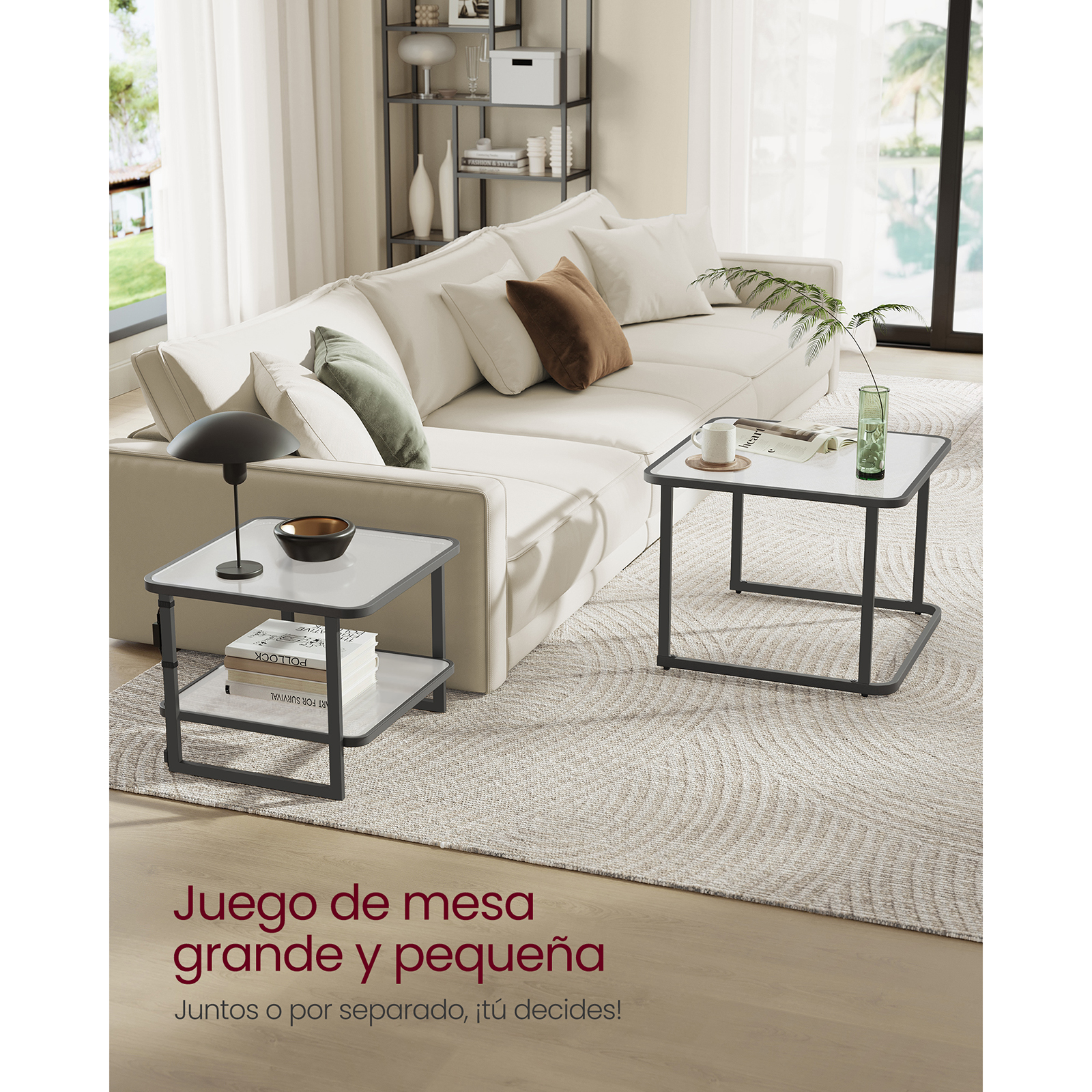 VASAGLE-Juego de 2 mesas de centro de anidación con luces LED, mesas laterales cuadradas modernas, vidrio esmerilado, estante Blanco/negro