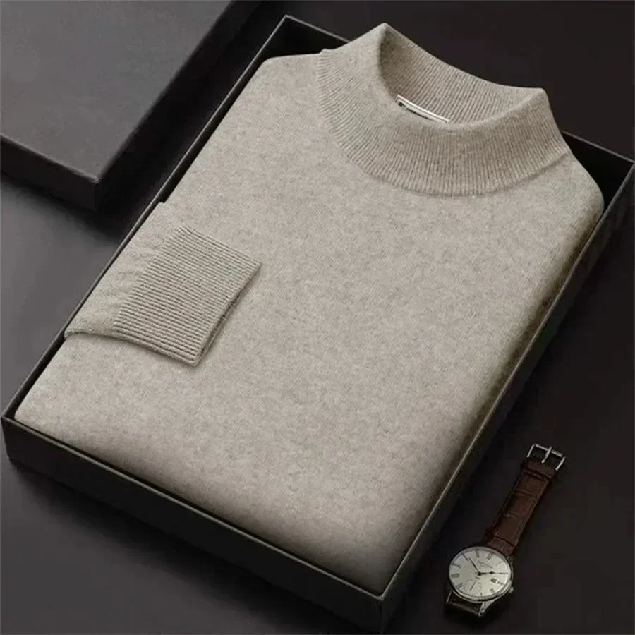 Marca de luxo masculino gola simulada 100% camisola de lã pura topos outono inverno camisola de caxemira pulôver masculino quente malhas camisola