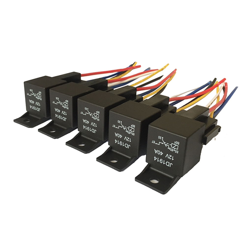 Relé automotivo à prova d'água, 5 peças 12v 24v 5pin 40a relé de carro com terminal de cobre vermelho preto soquete de relé automático cabo de chicote spdt
