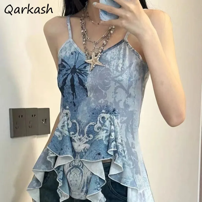 Camisetas sin mangas asimétricas para mujer, diseño de nicho, ropa de verano con personalidad para niñas, prendas de vestir teñidas con lazo, prendas de vestir informales elegantes para estudiantes
