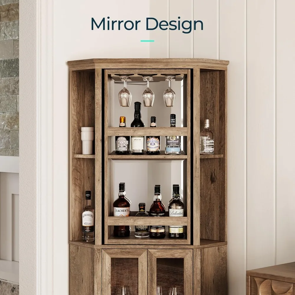 Corner Bar Cabinet, 68.5" Tall Farmhouse Wine Cabinet with Rotating Liquor Shelves, Home Bar Cabinet with Barn Door &Adjustable