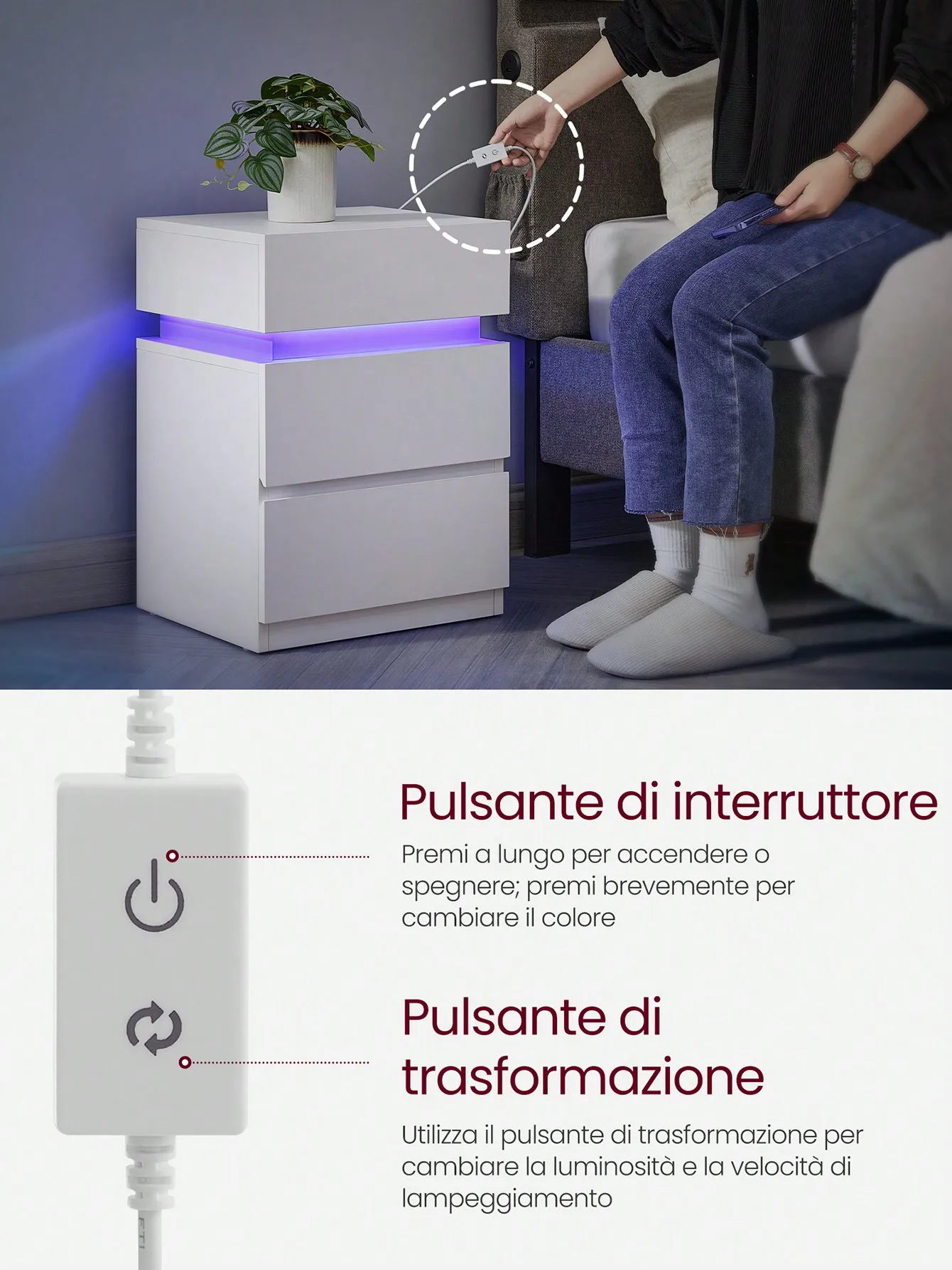 VASAGLE Comodino con Striscia LED Multicolora Variabile, 3 Cassetti, Tavolino, Stile Moderno, 35 x 40 x 55 cm, Bianco