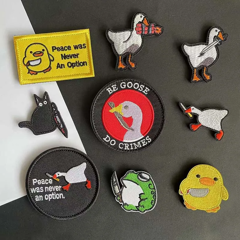 Animal com faca tecido aplique bordado gancho e laço remendo, paz ganso, sapo angry, gato, pato tático emblemas roupas adesivo