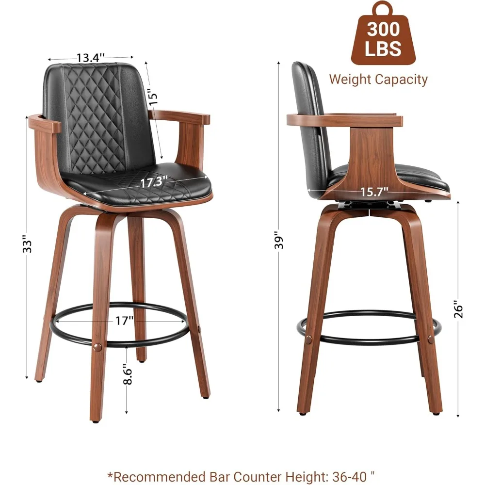 Bar Stools Set of 4, 26" Bentwood Barstools with Wooden Arms,Counter Height Swivel Bar Chairs PU Leather with High Back,Footrest