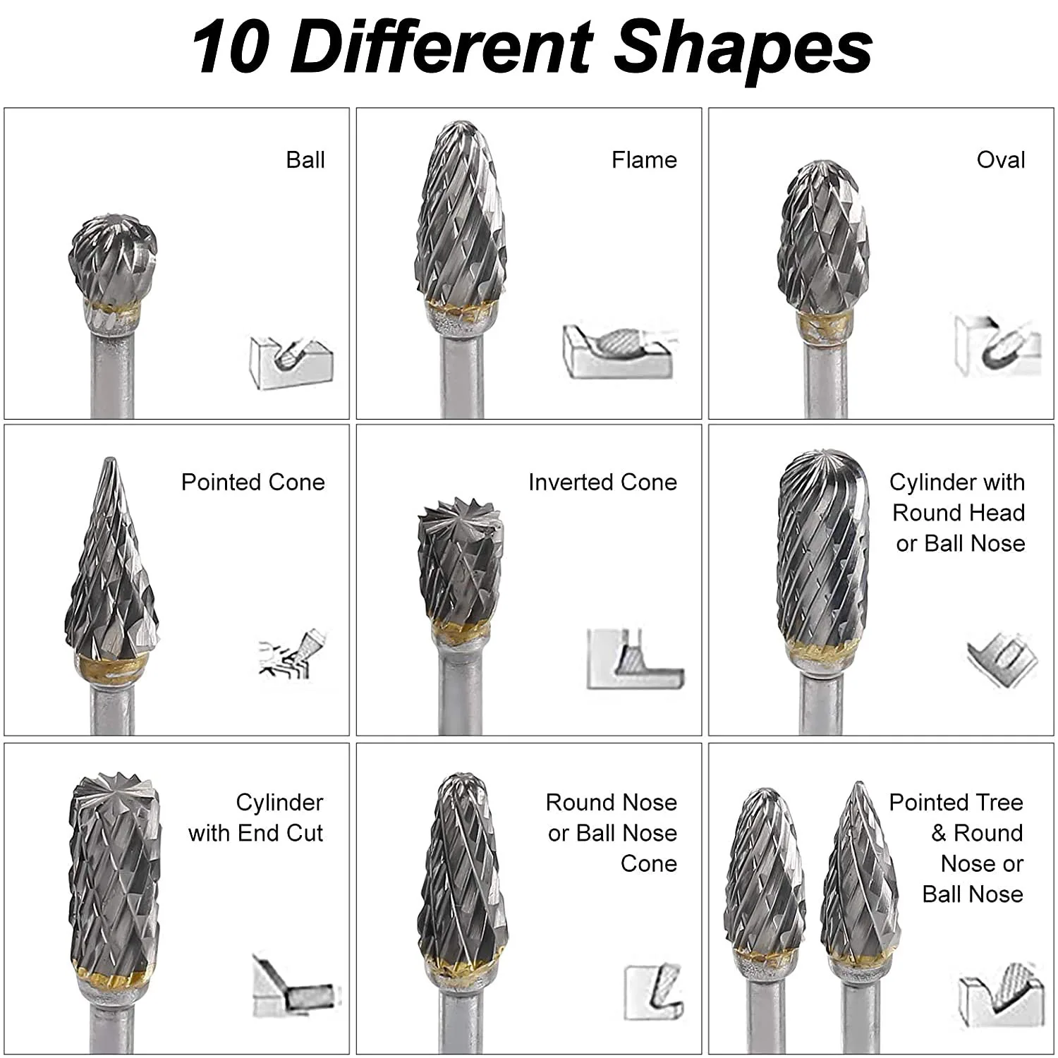 10PCS Carbide Burr Set Compatível com Dremel 1/8 "Shank Die Grinder Rotary Ferramenta Rasp Bits Madeira Metal Escultura Elétrica Moagem