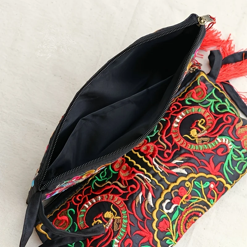 Pochette da polso con portafoglio lungo ricamato in stile etnico vintage con tessuto floreale e tasca per telefono