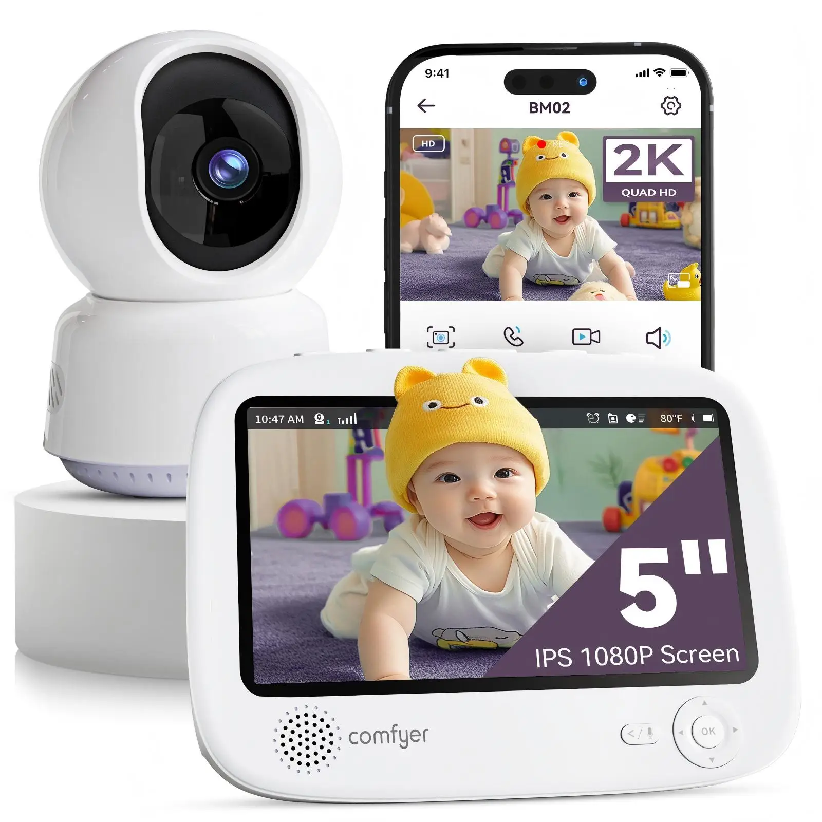 Умная Wi-Fi радионяня Comfyer, 5-дюймовый разделенный экран, камера 2K, управление приложением, оповещения о движении, обнаружение звука, многопользовательский HD, ночное видение