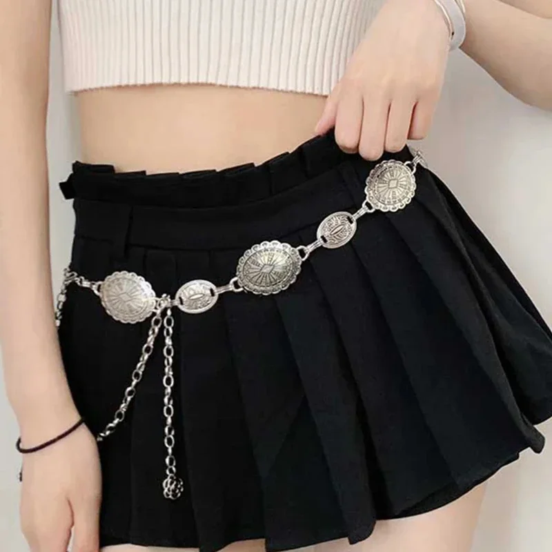 1 peça conjunto de acessórios de corrente de cintura para feminino retro boêmio estilo étnico high-end cinto de corrente de metal prateado com cinto de saia