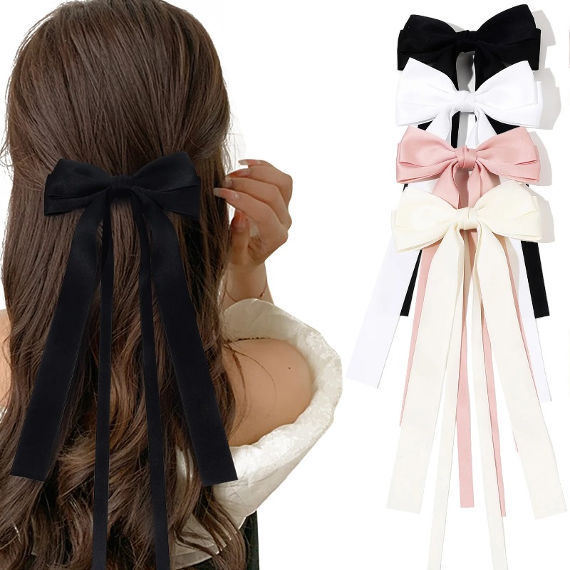 เกาหลีสีทึบริบบิ้นคู่ Bowknot คลิปผมสําหรับหญิงสาวอินเทรนด์โบว์ใหญ่ยาวพู่เงิน Barrettes PIN อุปกรณ์เสริม