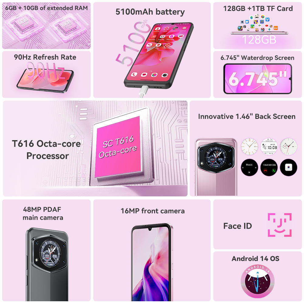 Cubot A30, Smartphone Android 14 , 16GB (6GB+10GB Extend) RAM+128GB ROM, Pantalla de 6.745 pulgadas 90Hz, 5100mAh, Cámara de 48MP, Face ID