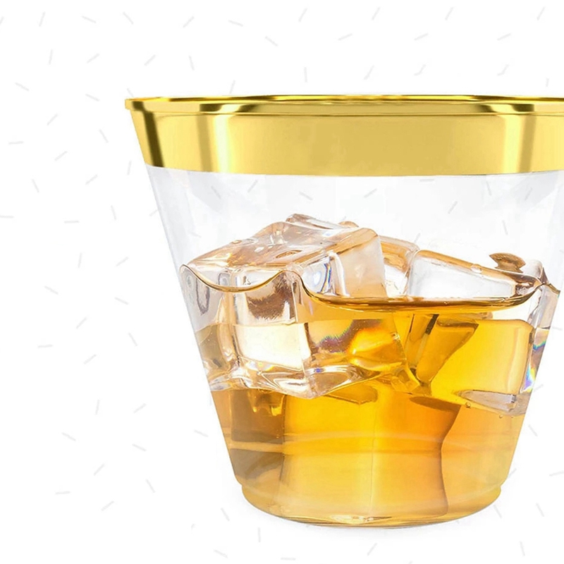 12 PCS Plastic Cup 9 Oz Hard Disposable Cup Plastic Wine Glass Party Wedding Wine Glass Transparent Plastic Cup -Gold Rim