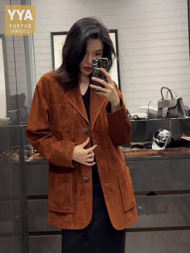 Luxus Frauen Weiche Echte Kuh Wildleder Leder Jacke Italienischen Designer Lose Fit Mittlere Lange Büro Damen Arbeit Anzug Mantel Blazer Outwear
