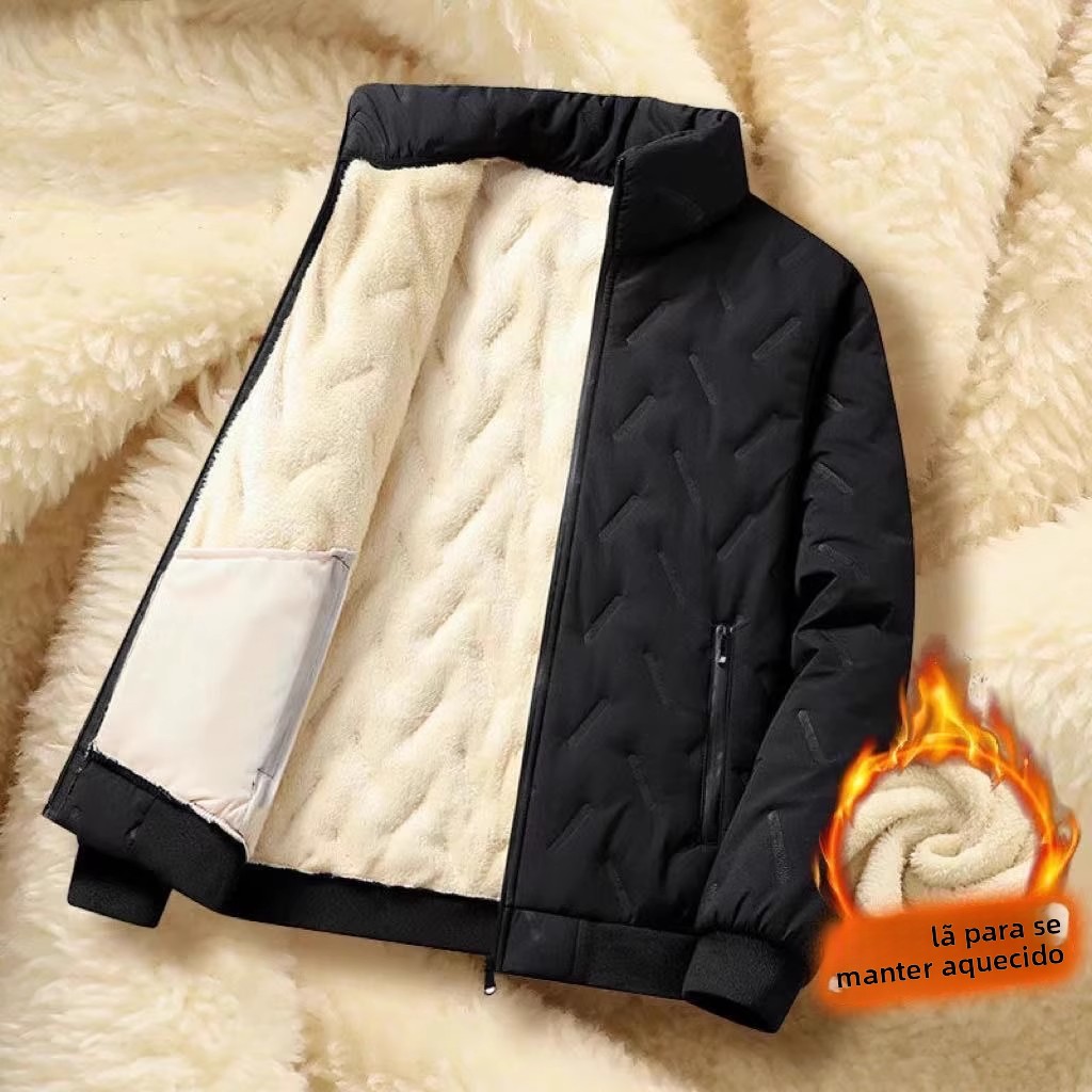 Jaqueta Masculina de Aodão com Forro de Veludo de Cordeiro, Ajuste Solto, Gola Alta, Moda Jovem, Inverno Quente, Resistente...
