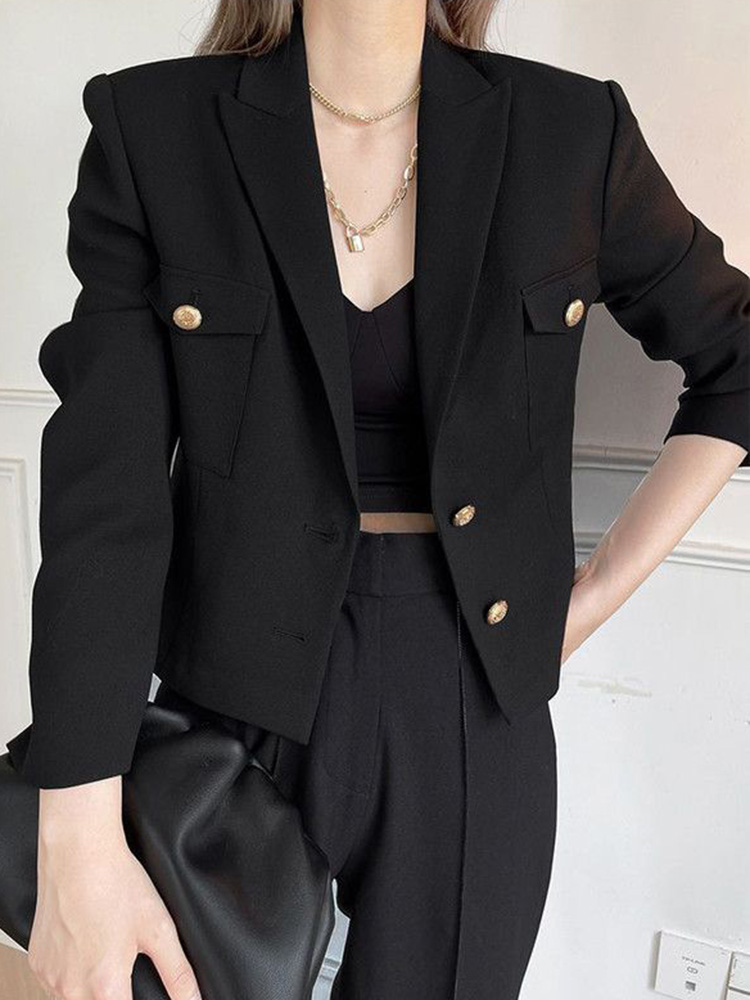 Zoki เสื้อโค้ทเบลเซอร์ลำลองสีดำแฟชั่นสำหรับผู้หญิงสลิมแจ็กเก็ตสั้นหรูหราฤดูใบไม้ร่วงเกาหลีกระดุมสองเม็ดเสื้อออฟฟิศผู้หญิง