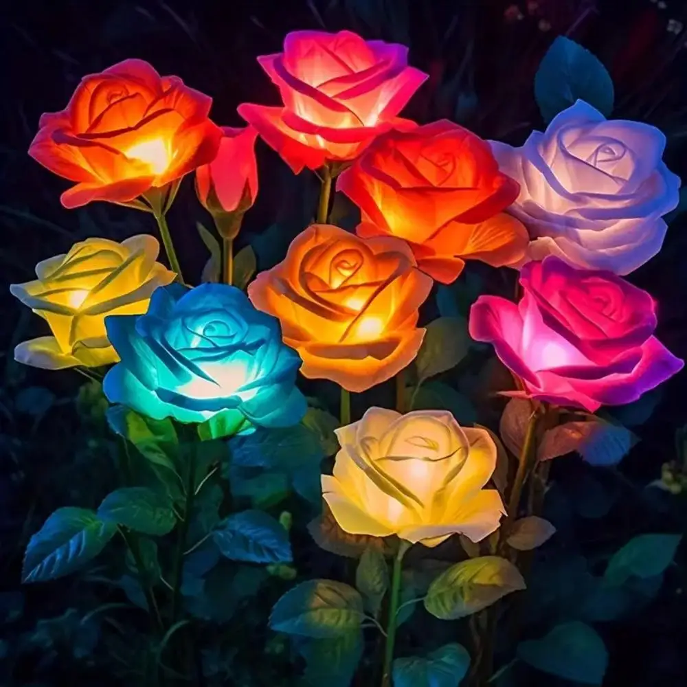 Luces solares de 5 cabezales, luces solares decorativas para exteriores, lámpara de césped con flores rosas para decoración de jardín y Patio