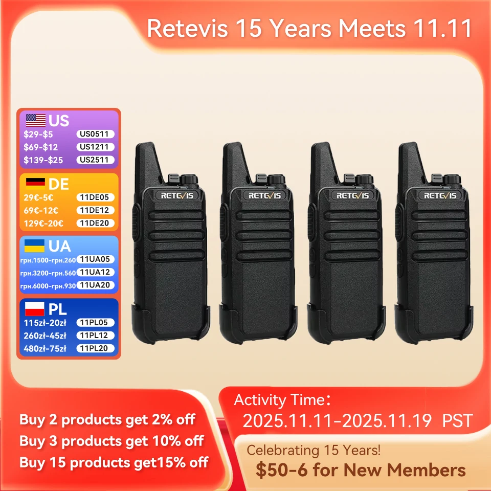 Retevis RT622 Mini Walkie Talkie Radio Emergencia 4 6 10 Piezas Largo Alcance RT622 PMR PMR446 sin Licencia VOX Portatil Recargable Walkie Talkies para Restaurantes Hoteles Caza y Camping
