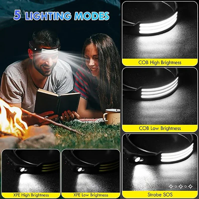 New Wave Sensing COB LED Headlight USB Rechargeable Torch Dual Light Source Built-in Battery Outdoor Camping Fishing Lantern