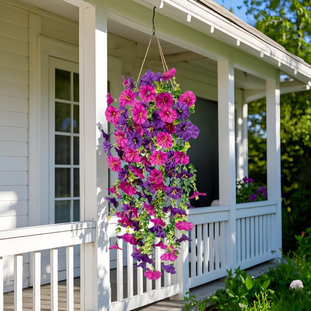2pcs UV-Resistant Artificial Morning Glory & Eucalyptus Hanging Decor - Perfect for Home Garden Weddings Versatile Outdoor Decor