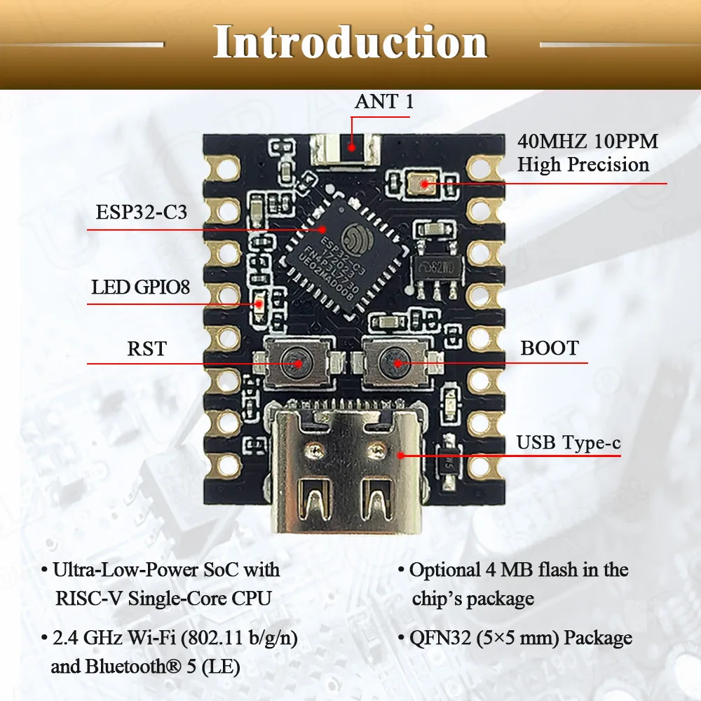 Макетная плата ESP32 C3, мини-модуль Wi-Fi BT, Тип C, Φ 16 контактов, 32-разрядный одноъядерный процессор