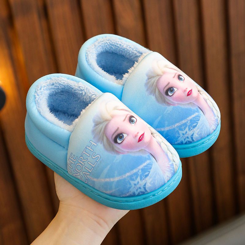 Zapatillas de algodón con tacón para niños de princesa Elsa de Disney, zapatos planos cálidos de algodón de Frozen para niñas, color negro y morado, talla 24-40