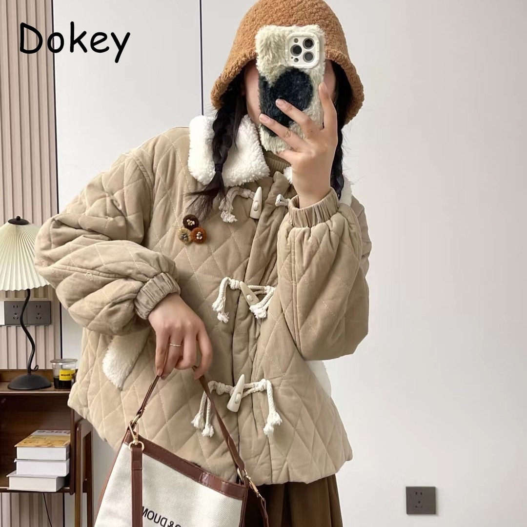 Chaqueta de algodón de pana Kawaii japonesa Mori Girl para mujer, Parkas Vintage con volantes Y2k de moda, Parkas de Lolita, prendas de vestir informales cálidas de felpa para invierno