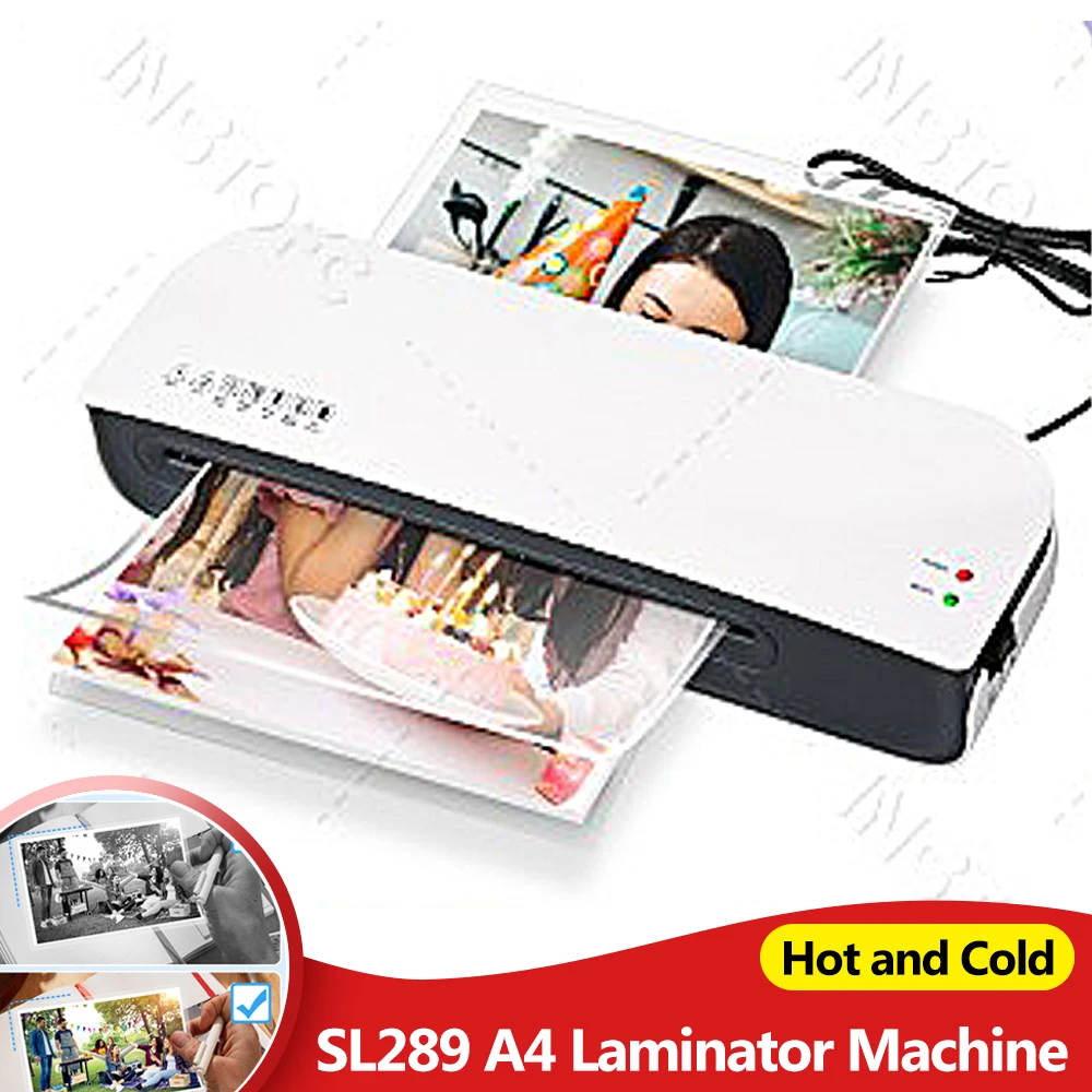 Máquina laminadora de mesa sl289, tamanho a4, laminação quente e fria, sistema de 2 rolos, largura máxima de 9 polegadas para a4/a5/a6/4r/3r/2r