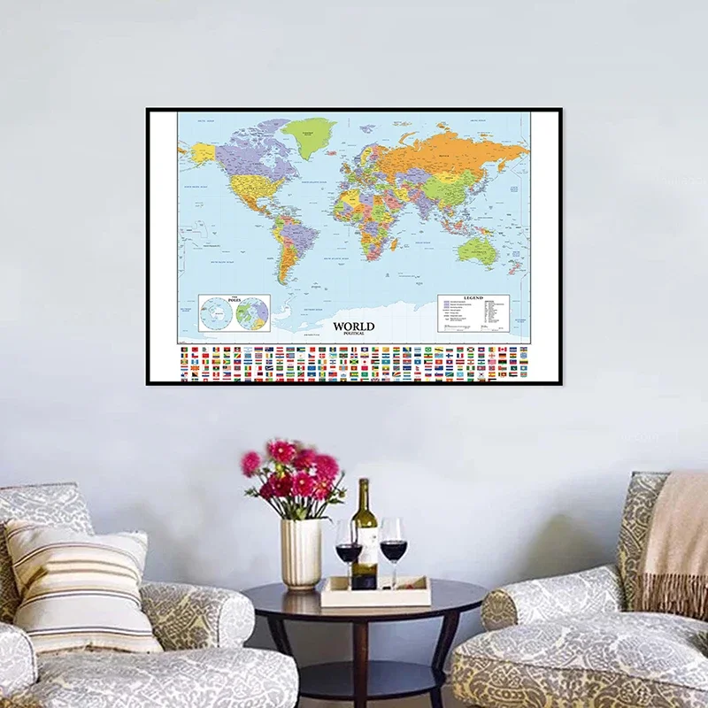 59x42cm A2 Size The World Map of Various Countries Fine Canvas Waterproof Wall Map School Office Classroom Wall Decoration